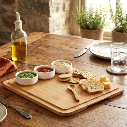 Square Serving Board with 3 Dip Bowls